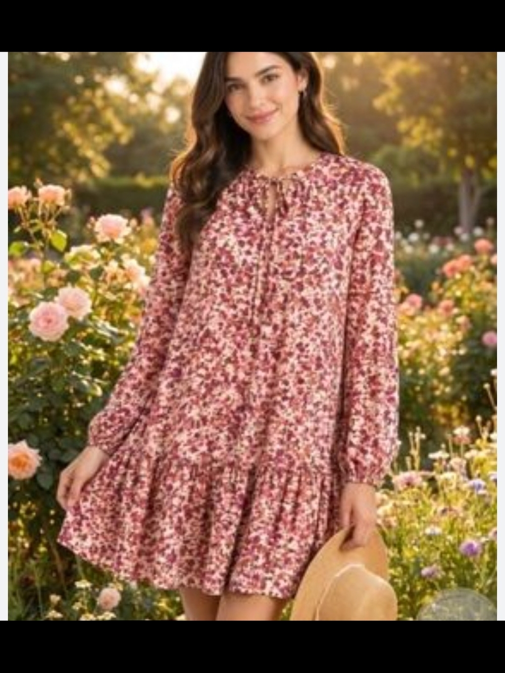 J. Crew Women's Floral Tiered Tunic Dress With Tie Pink Bohemian Resort, Medium